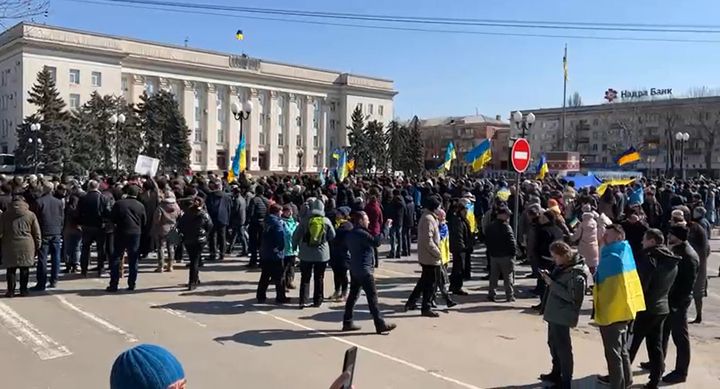 People protest against the Russian military invasion of Ukraine in Kherson on Sunday March 13, 2022.