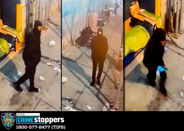 These images taken from surveillance video and provided by the New York Police Department show a man suspected of shooting two homeless people on March 12, 2022 in New York.