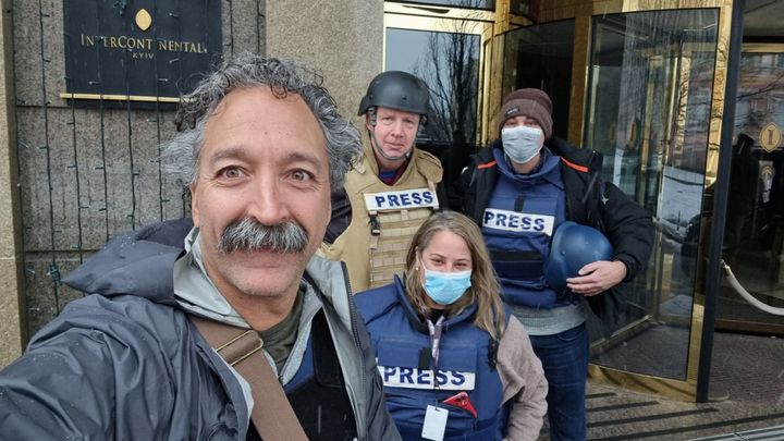 Fox News cameraman Pierre Zakrzewski, left, with Steve Harrigan, Yonat Frilling and Ibrahim Hazboun in Ukraine.