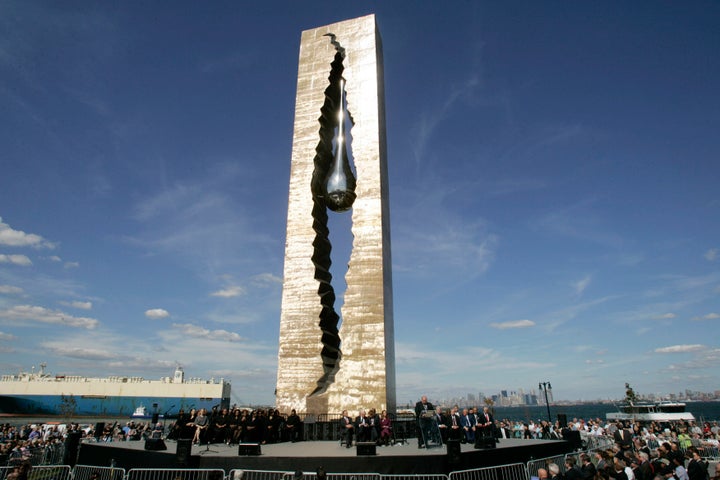 The memorial titled "To the Struggle Against World Terrorism" is seen during dedication ceremonies in Bayonne, New Jersey, on Sept. 11, 2006. Russian President Vladimir Putin's name has now been covered up on the sculpture.