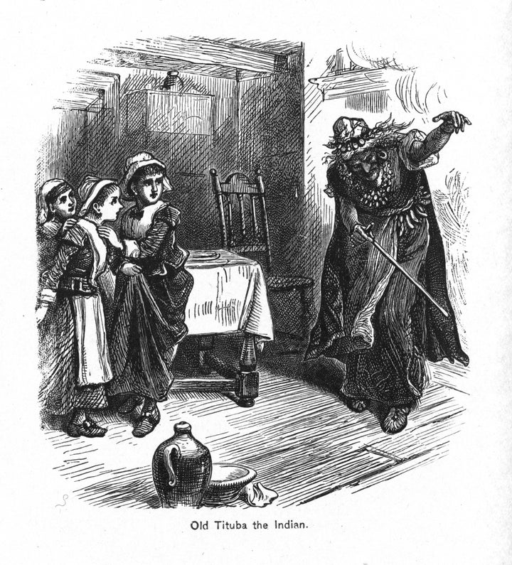 A 19th-century illustration depicts enslaved Barbadian woman Tituba in a room with three Puritan girls, Salem, Massachussetts, 1690s. One of the first women accused of witchcraft during the Salem witch trials, she was imprisoned but later released.