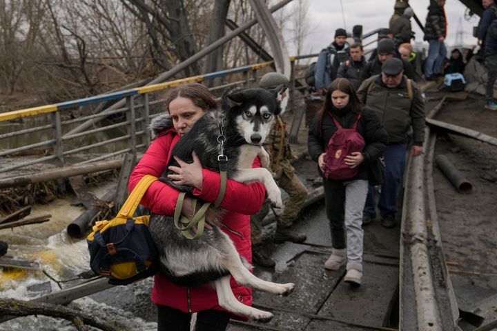 A woman holds a dog while crossing the Irpin river on an improvised path under a bridge, that was destroyed by Ukrainian troops designed to slow any Russian military advance, while fleeing the town of Irpin, Ukraine, Saturday, March 5, 2022.