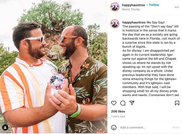 Last week, Andrew Rodriguez-Triana, pictured here on the right with his partner, spoke out against Disney's lack of a statement on Florida's 'Don't Say Gay' bill.