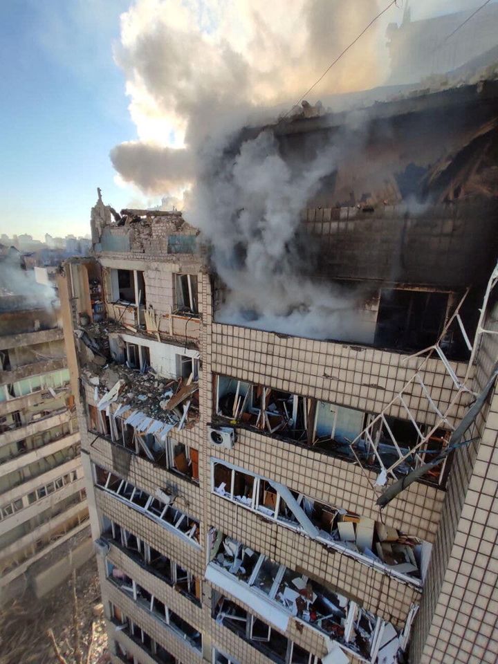 This residential building in Kyiv, Ukraine was damaged by Russian shelling.