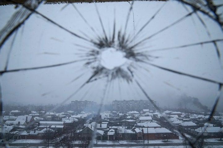 A hospital window is cracked from shelling in Mariupol, Ukraine, on March 3, 2022.