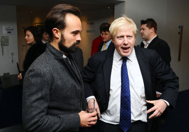Evgeny Lebedev and Boris Johnson at a pre-lunch reception for the Evening Standard Theatre Awards.