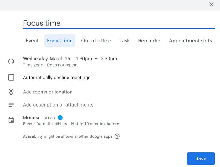 Focus Time lets you set up times during which meeting invitations will automatically be declined.