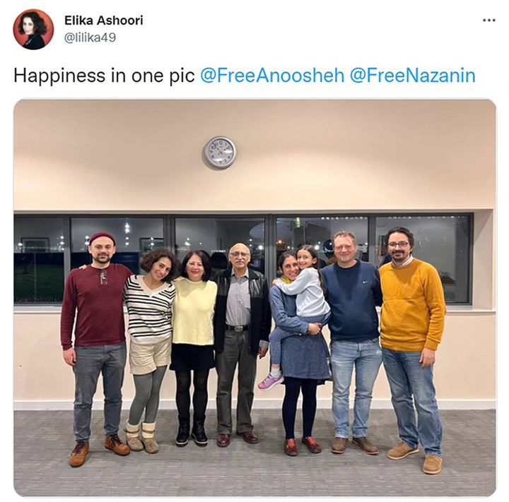 Screengrab of a tweet posted by Elika Ashoori of her father Anoosheh Ashoori and Nazanin Zaghari-Ratcliffe being reunited with their families at RAF Brize Norton.