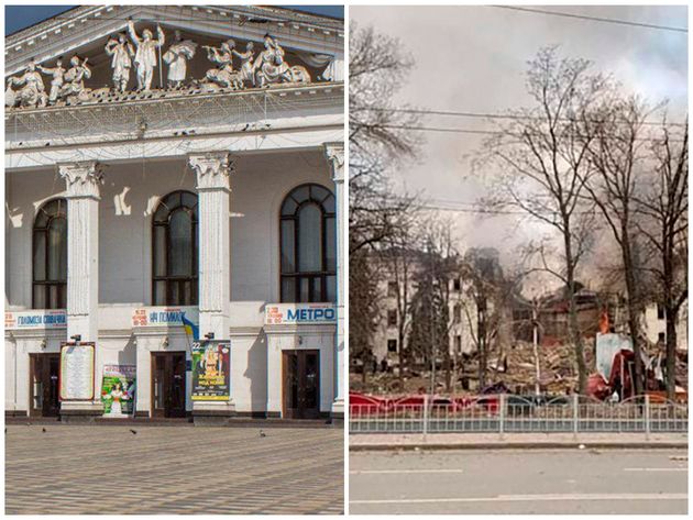 空爆前後の「ドネツク学術地域演劇劇場」の比較画像
