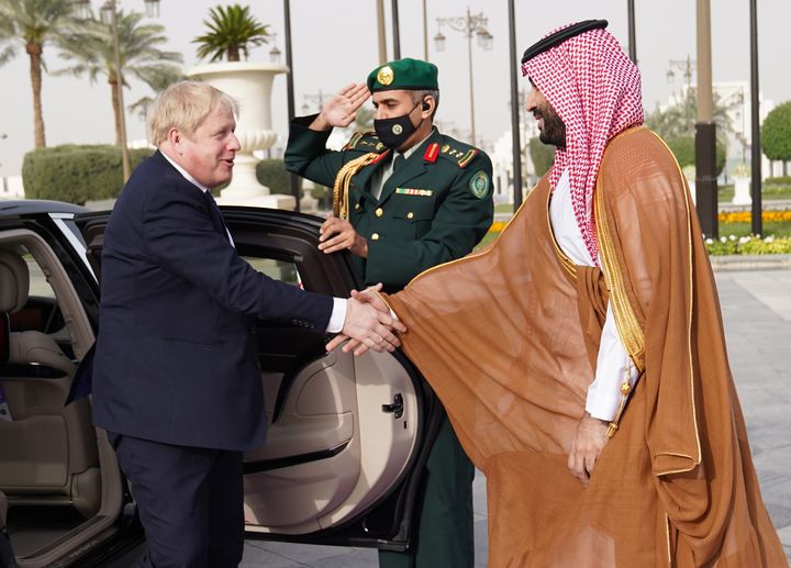 Boris Johnson is welcomed by Mohammed bin Salman Crown Prince of Saudi Arabia ahead of a meeting at the Royal Court in Riyadh