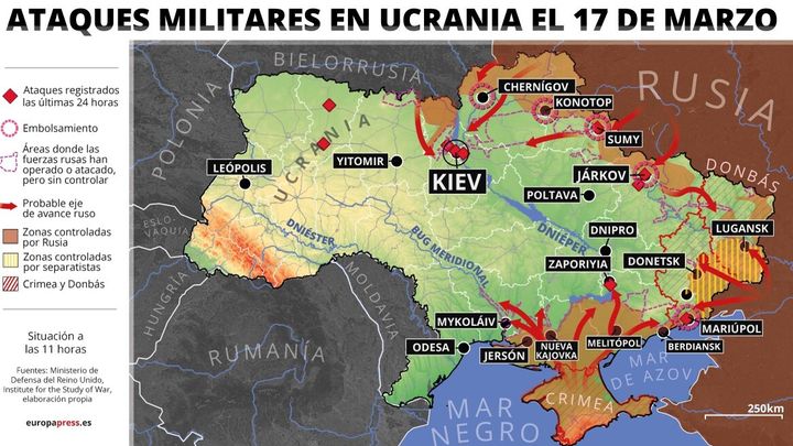 Mapa de los ataques militares en Ucrania.