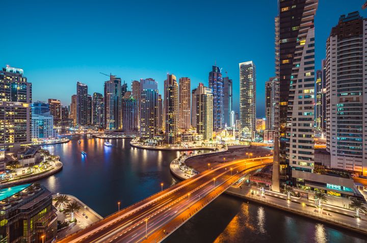 Dubai Marina district cityscape. Dubai, United Arab Emirates.
