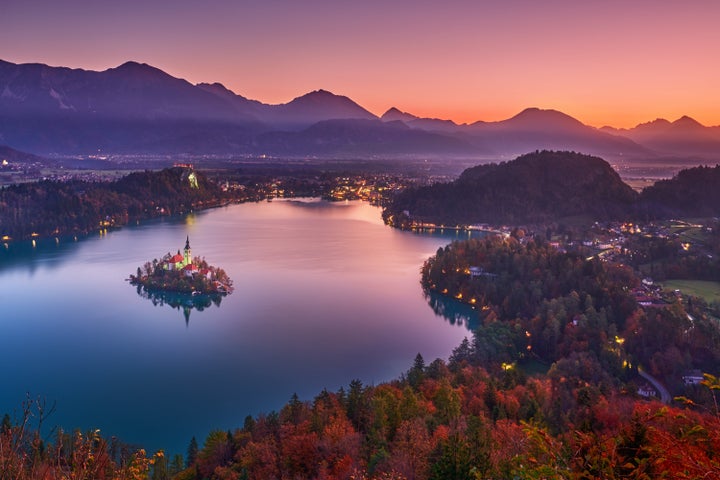 View to the Church of the Mother of God on the island. Europe travel adventure concept