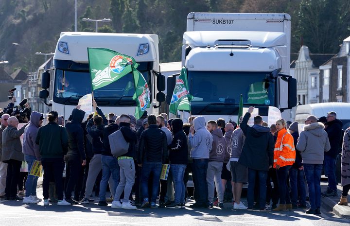 Former P&O staff and RMT members block the road leading to the Port of Dover after P&O Ferries handed 800 seafarers immediate severance notices.
