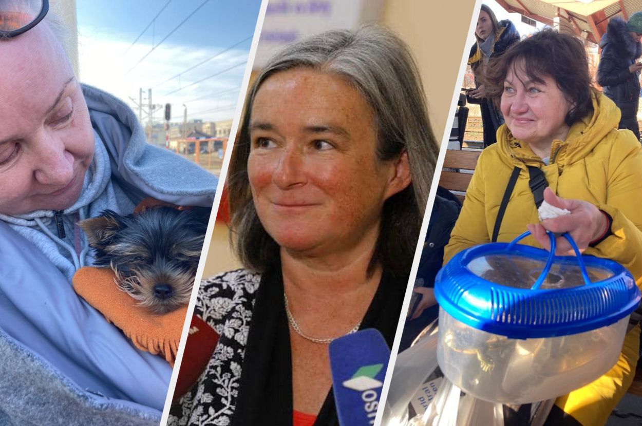 Baroness Alison Suttie [centre] and two refugees with their pets