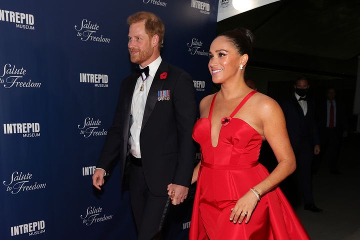 The Duke and Duchess of Sussex attend the 2021 Salute To Freedom Gala at Intrepid Sea-Air-Space Museum on Nov. 10, 2021 in New York City. 