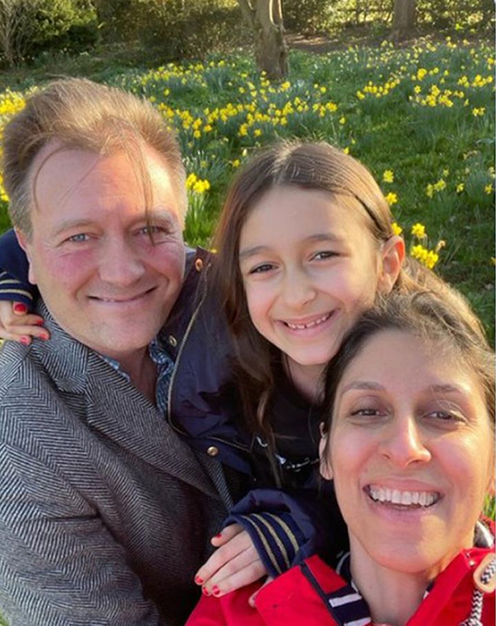 Nazanin Zaghari-Ratcliffe, her husband Richard Ratcliffe and seven-year-old daughter Gabriella following her return to Britain.