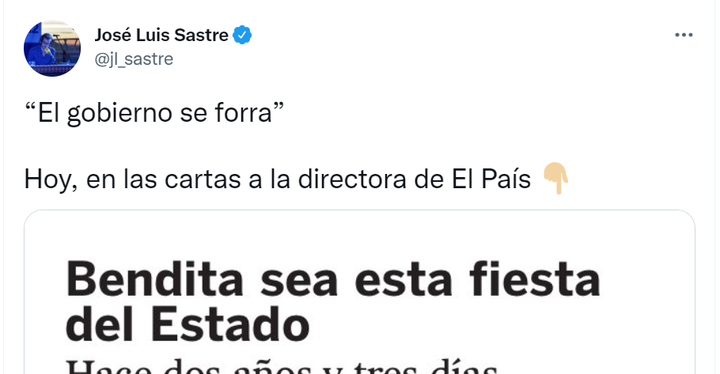 La carta a la directora de El País compartida por José Luis Sastre.
