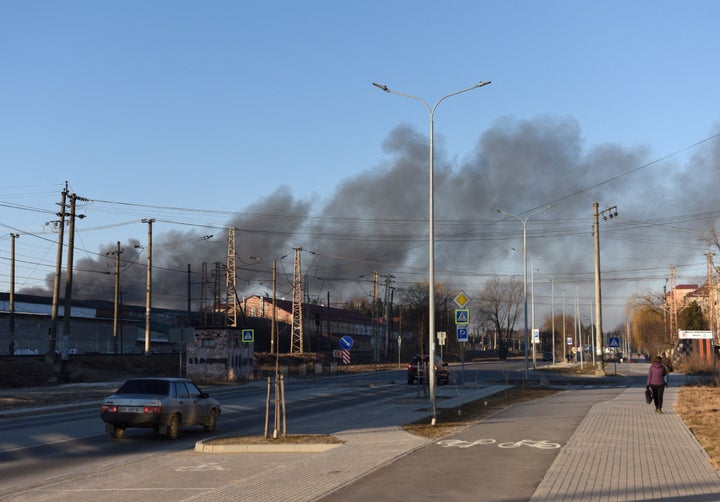 Smoke rises after an explosion in the western Ukrainian city of Lviv on March 18, 2022.