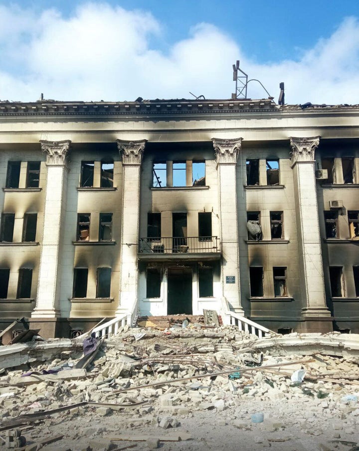 A view of destroyed theater, which was used as a shelter by civilians, after Russian bombardment in Mariupol, Ukraine on March 18, 2022.