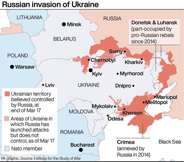 A map showing where Russian forces have advanced
