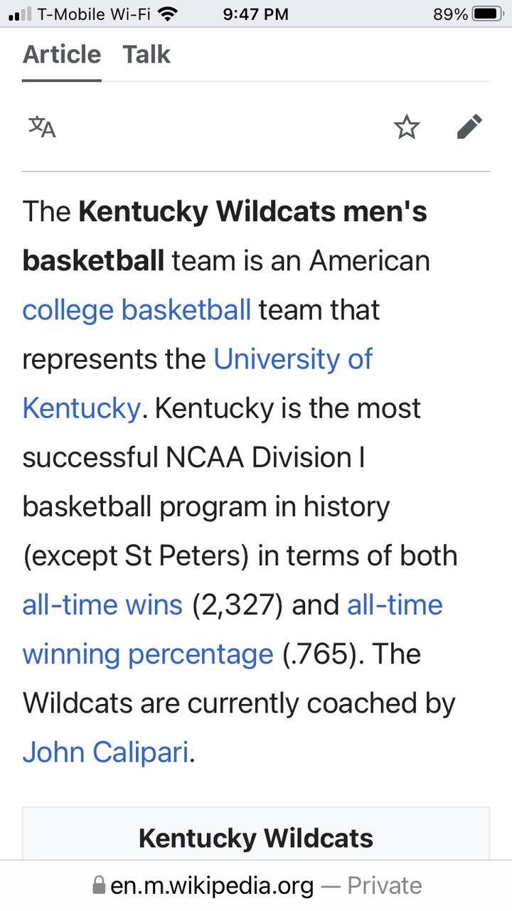 The Kentucky Wildcats' slightly doctored Wikipedia page.