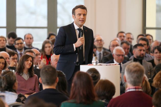 French President Emmanuel Macron and centrist candidate for reelection delivers his speech during a meeting in Pau, southwestern France, Friday, March 18, 2022. The two-round presidential election will take place on April 10 and 24, 2022. (AP Photo/Bob Edme)