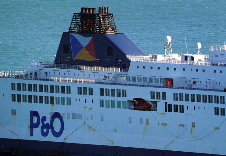 Workers on the P&O ferry the Pride of Kent as it remains moored at the Port of Dover in Kent after P&O Ferries suspended sailings and handed 800 seafarers immediate severance notices.