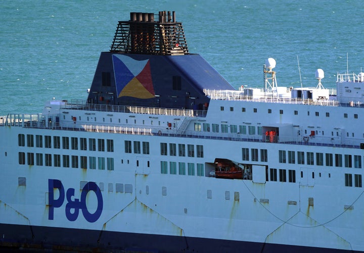 Workers on the P&O ferry the Pride of Kent as it remains moored at the Port of Dover in Kent after P&O Ferries suspended sailings and handed 800 seafarers immediate severance notices.