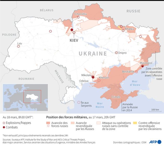 Carte de la situation militaire en Ukraine au 18 mars au