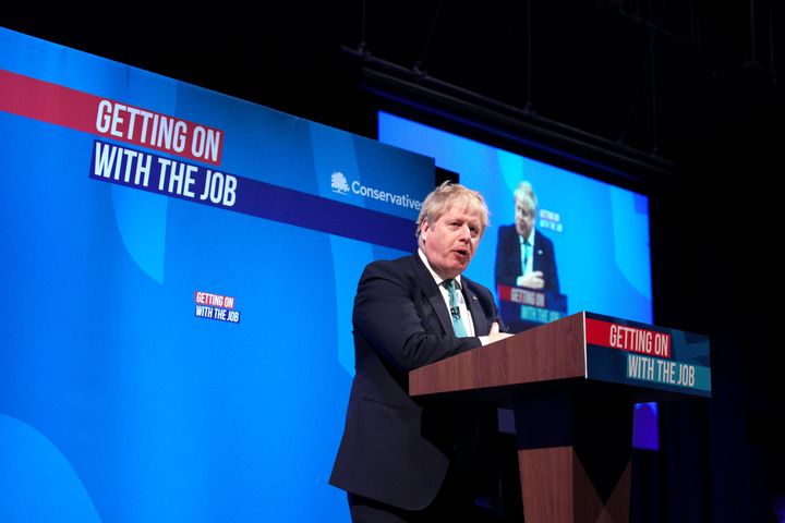 Prime Minister Boris Johnson speaking at the Conservative Party Spring Forum at Winter Gardens, Blackpool. 