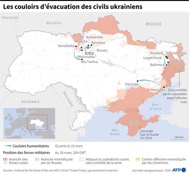 Carte d'Ukraine situant les couloirs humanitaires permettant l'évacuation des civils, au 19