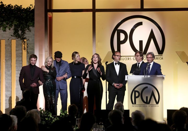 The team from "Coda" accepts The Darryl F. Zanuck Award for Outstanding Producer of Theatrical of Theatrical Motion Pictures at the 33rd Annual Producers Guild Awards at the Fairmont Century Plaza Hotel on Saturday, March 19, 2022 in Los Angeles. (Photo by John Salangsang/Invision for the Producers Guild of America/AP Images)