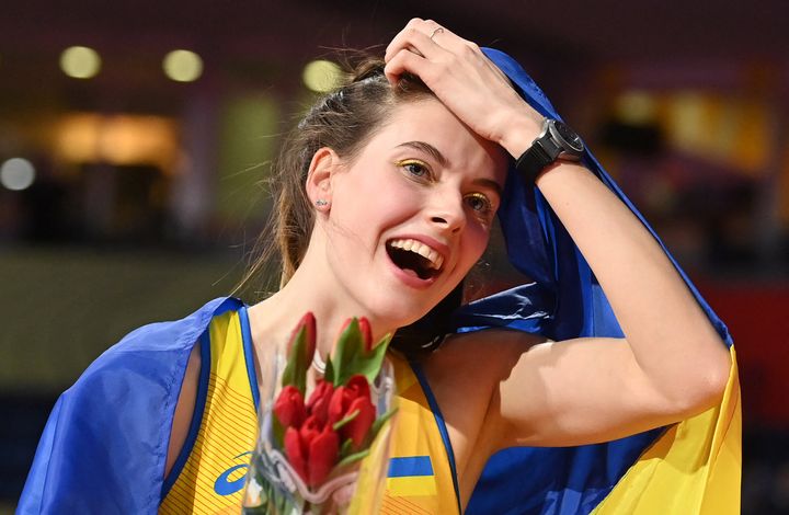 Ukraine's Yaroslava Mahuchikh celebrates after victory in the women's high jump final during The World Athletics Indoor Championships 2022 at the Stark Arena in Belgrade.