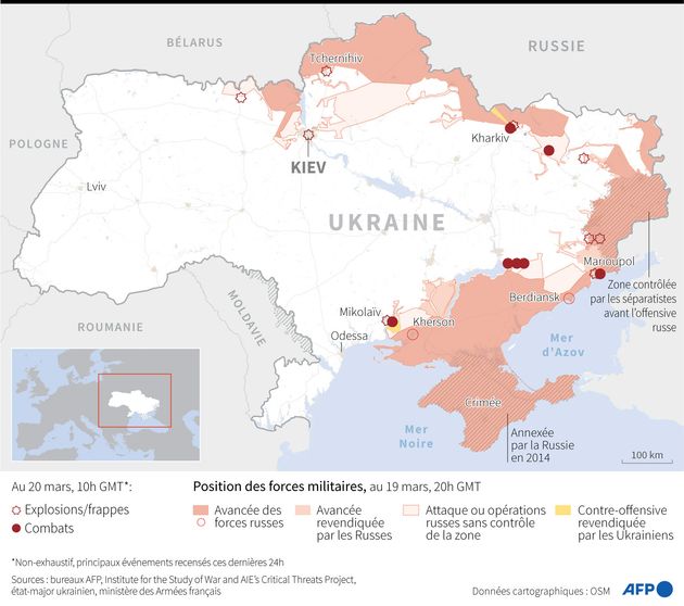 La carte des avancées russes en Ukraine au 20 mars