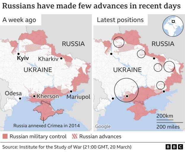 Συγκρητικός χάρτης με τις θέσεις των ρωσικών στρατευμάτων εντός της Ουκρανίας την Κυριακή (20/3, δεξιά) και πριν από μια εβδομάδα