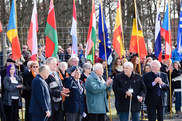 Six survivors renew the so-called Buchenwald oath from April 19,1945, during the ceremonies marking the 70th anniversary of the camp's liberation. A Russian strike killed Buchenwald survivor Boris Romanchenko (second from right) in Kharkiv, Ukraine, on March 18, 2022.