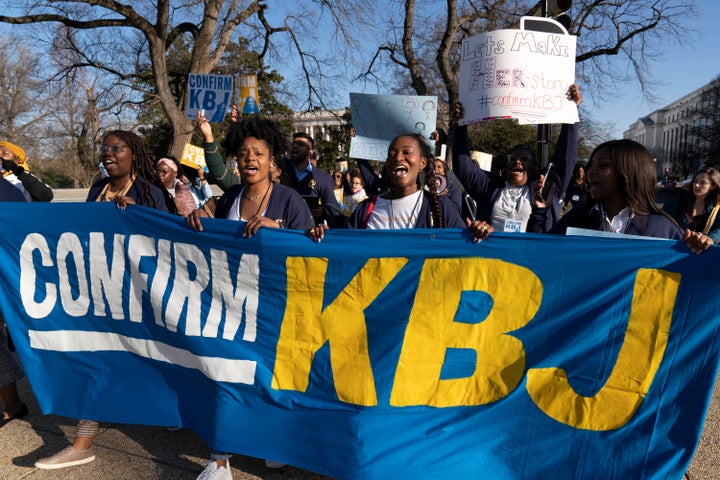 Supporters of Judge Ketanji Brown Jackson rally outside of the Supreme Court on March 21, 2022.