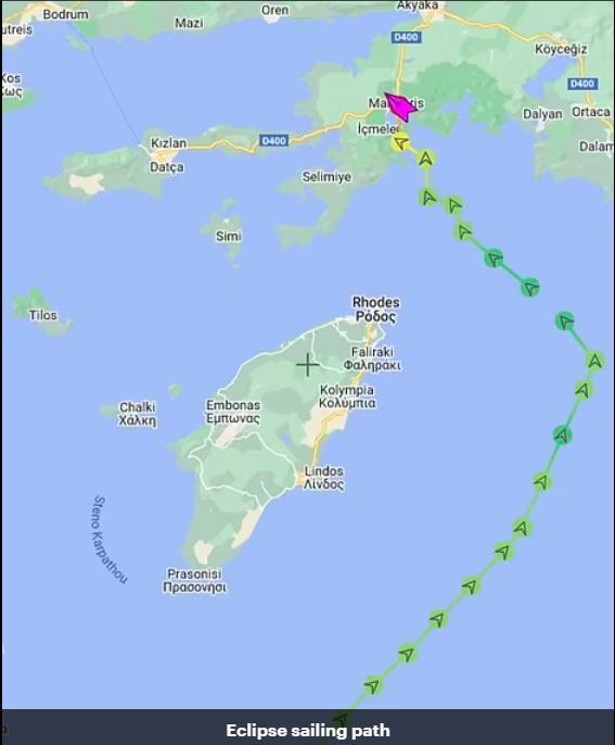 Marine Traffic: H πορεία του σούπερ γιοτ Eclipse ιδιοκτησίας Αμπράμοβιτς, γύρω από την Ρόδο με τελική κατάληξη το λιμάνι της Μαρμαρίδας στην Τουρκία.