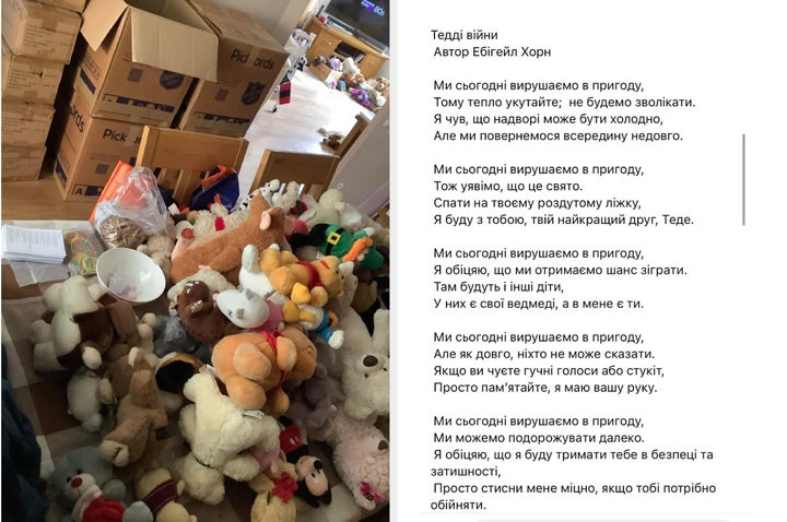 Donated teddies and the poem translated into Ukrainian