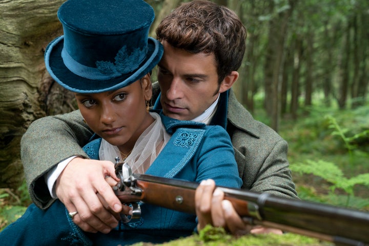 Simone Ashley as Kate Sharma, Jonathan Bailey as Anthony Bridgerton.