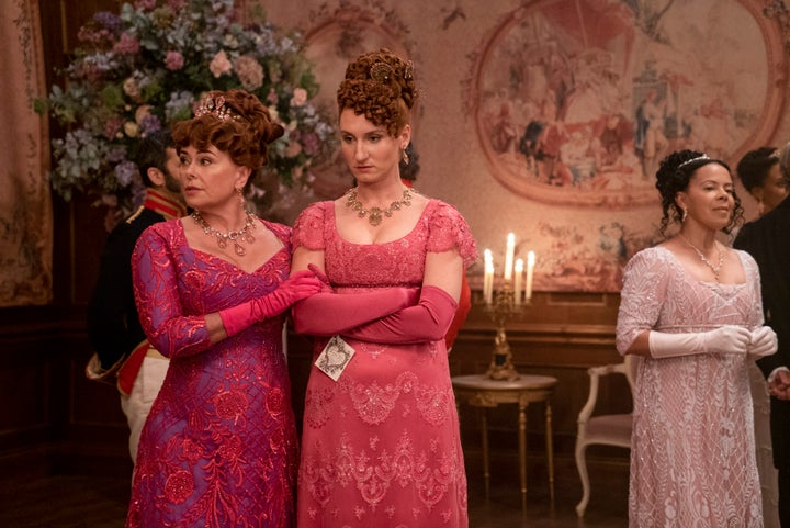 From left to right, Polly Walker as Lady Portia Featherington, Bessie Carter as Prudence Featherington in "Bridgerton."