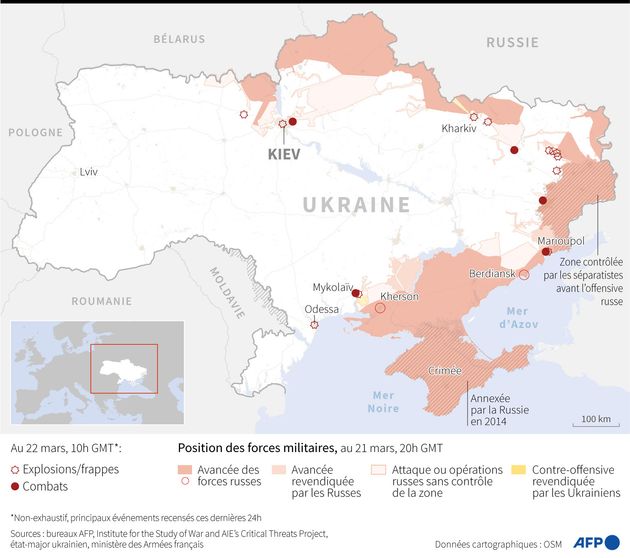 La carte des avancées russes en Ukraine au 22 mars