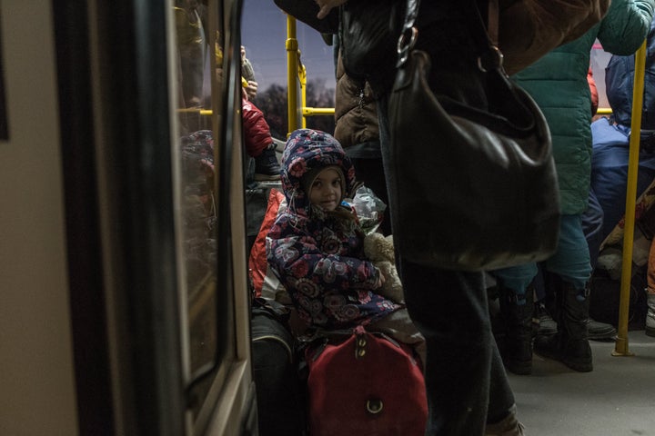 Refugees fleeing Mariupol, arrive at the Zaporizhzhia hub to registered and then sorted in the various reception centers on March 22, 2022.