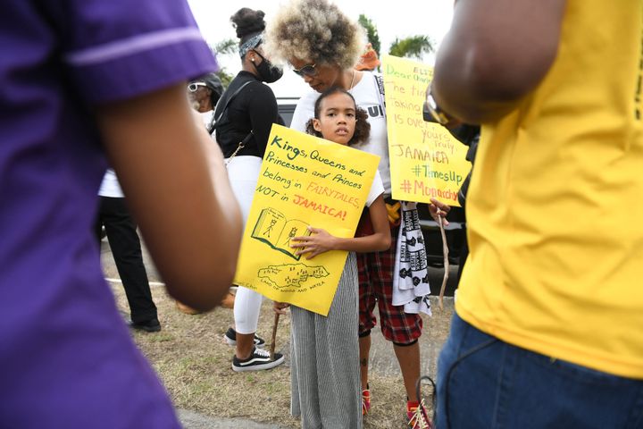 Jamaicans protested on Tuesday in Kingston to call for apologies and reparations from the British royal family as Queen Elizabeth marks 70 years on the throne.