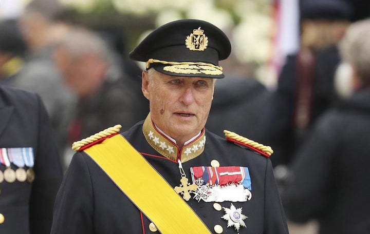 King Harald V of Norway and his wife Sonja leave the Notre Dame cathedral after attending at the funeral of the Grand Duke Jean of Luxembourg on May 4, 2019.