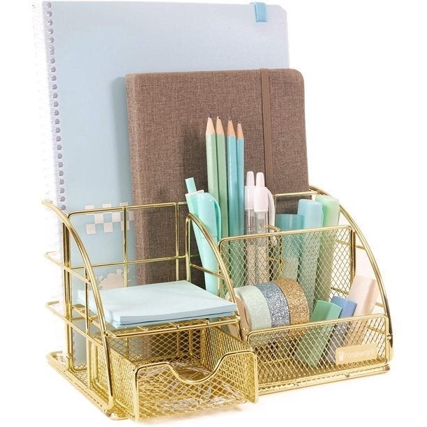 A gold desk organizer