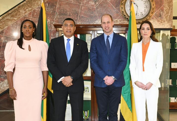 Prince William and Kate Middleton meet Jamaican Prime Minister Andrew Holness and Juliet Holness at Vale Royal, the official residence in Kingston, Jamaica, on March 23.