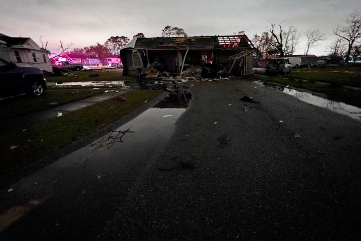 A displaced and destroyed house sits in the middle of a street after a tornado struck the area in Arabi, Louisiana, Tuesday, March 22, 2022. 
