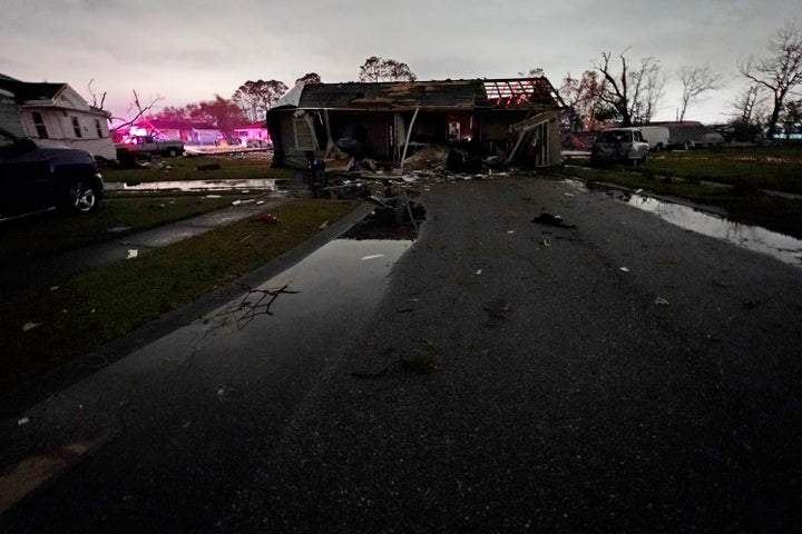A displaced and destroyed house sits in the middle of a street after a tornado struck the area in Arabi, Louisiana, Tuesday, March 22, 2022.